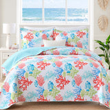 Coastal Coral & Seashell Reversible 100% Cotton Quilted 3-Piece Bedding Set
