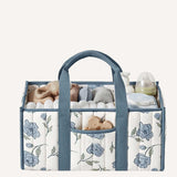 Dusty Blue Floral Quilted Diaper Caddy Tote Bag