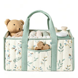 Quilted Sage Leaf Botanical Baby Diaper Caddy Organizer - Portable Nursery Storage Basket & Handheld Tote Bag for Baby Essentials