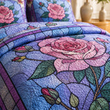 H.PAI Stained Glass Rose Quilted 3-Piece Bedding Set – Vintage Cottage Garden Quilted Bedding With Matching Pillow Shams