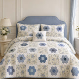 H.PAI Blue Floral Hexagon Patchwork Quilted 3-Piece Bedding Set