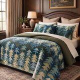 Rustic Pine Forest Blue Green Patchwork Quilted 3-Piece Bedding Set
