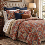Rust Red Vintage Floral Quilted 3-Piece Bedding Set