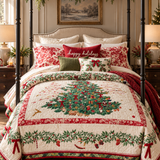 Vintage Christmas Tree and Holly Quilted 3-Piece Bedding Set