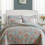 Teal Blue Vintage Garden Harvest Floral Patchwork Quilted 3‑Piece Bedding Set