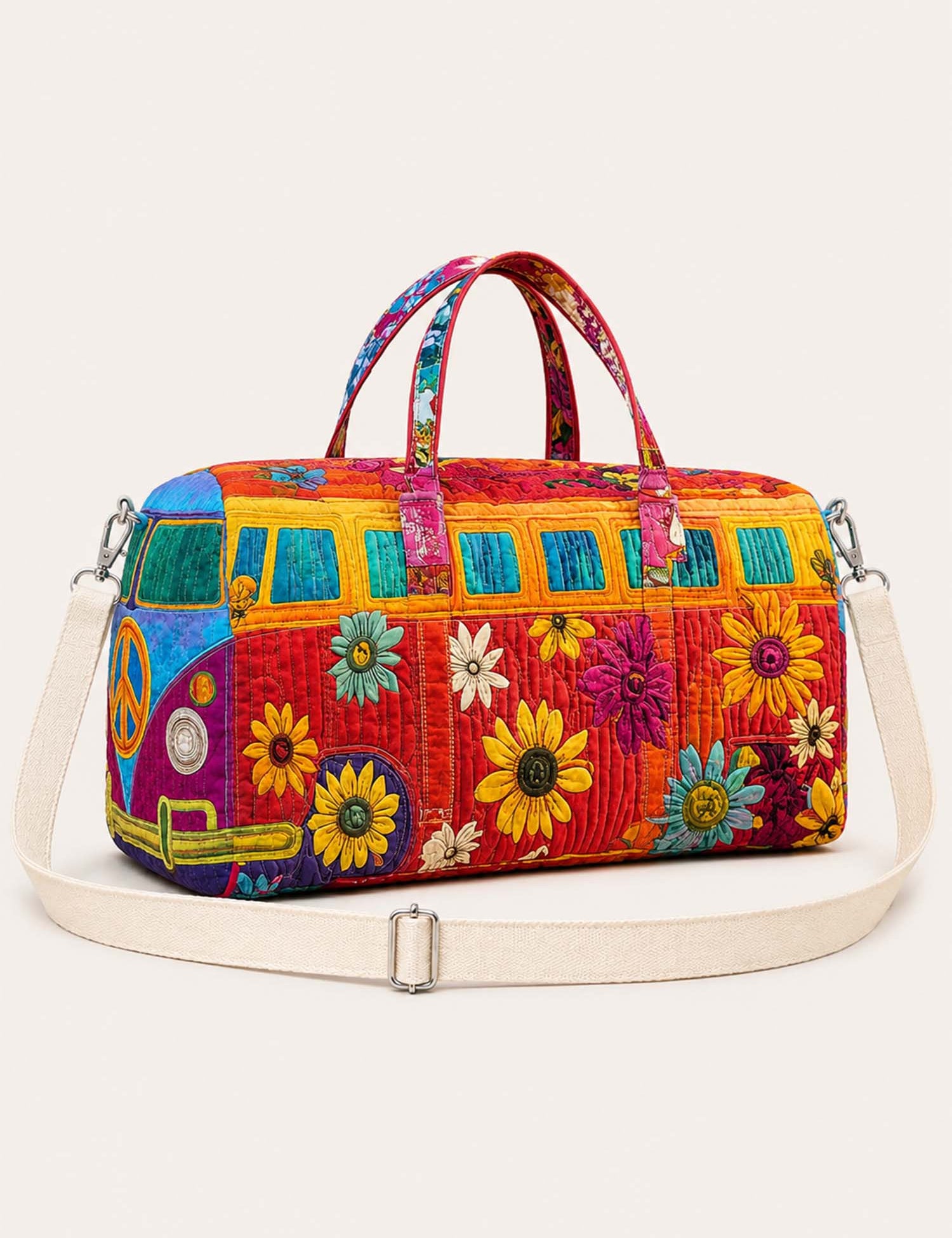 H.PAI Women's Quilted Duffle Bag - Retro 70s Colorful Hippie Van, Sunflowers Travel Overnight Bag