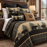 Black Bear Forest Plaid Quilted 3-Piece Bedding Set