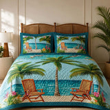 Tropical Palm Tree Quilted 3-Piece Bedding Set – Luxury Quilted Bedding with Matching Pillow Shams