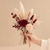 Burgundy Ivory Rose Pampas Preserved Bouquet - Posy