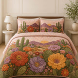 H.PAI Desert Cactus Floral Quilted 3-Piece Bedding Set – Rustic Southwestern Quilted Bedding with Matching Pillow Shams