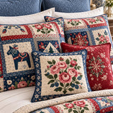 Swedish Dala Horse Floral Patchwork Quilted 3-Piece Bedding Set