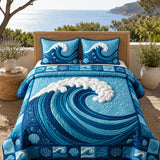 H.PAI Ocean Wave Quilted 3-Piece Bedding Set – Coastal Inspired Quilted Bedding With Matching Pillow Shams