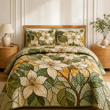 H.PAI Ivory Magnolia Quilted 3-Piece Bedding Set – Vintage Botanical Quilted Bedding With Matching Pillow Shams