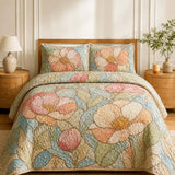 H.PAI Blush Garden Floral Quilted 3-Piece Bedding Set – Soft Cottage Botanical Quilted Bedding With Matching Pillow Shams