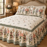 Vintage Floral 100% Cotton Quilted Bed Skirt Set