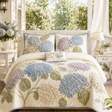 H.PAI Hydrangea Floral Quilted 3-Piece Bedding Set – Luxury Quilted Bedding with Matching Pillow Shams