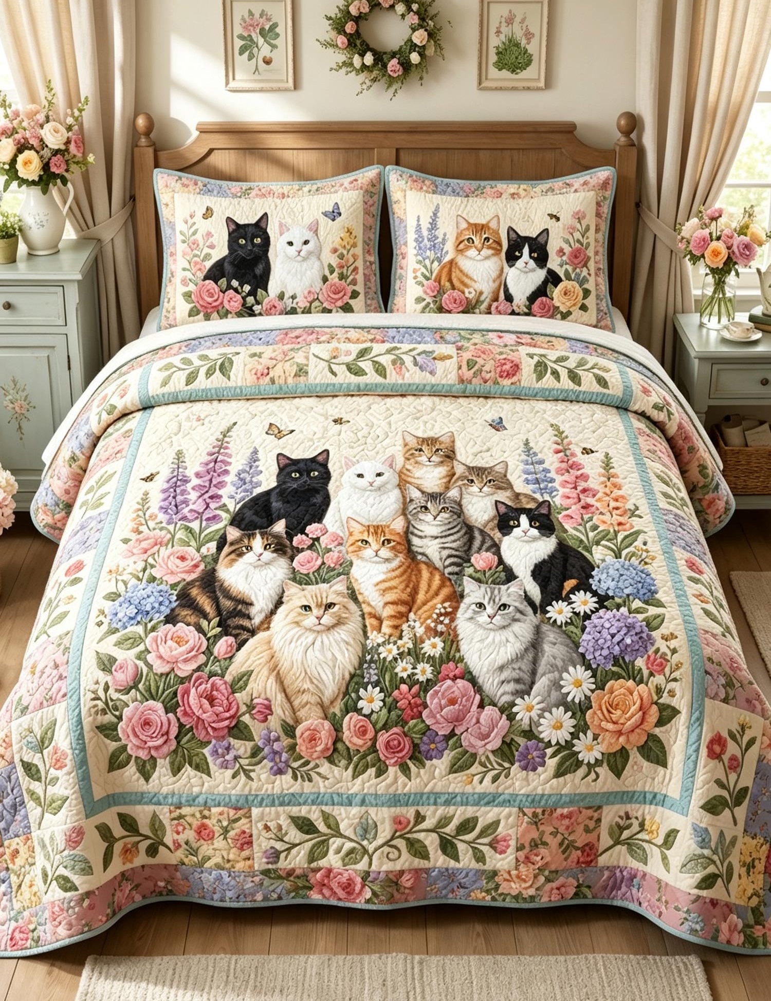 H.PAI Garden Cat Gathering 3-Piece Quilted Bedding Set