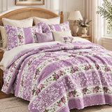 Vintage Purple Rose Stripe Quilted 3-Piece Bedding Set