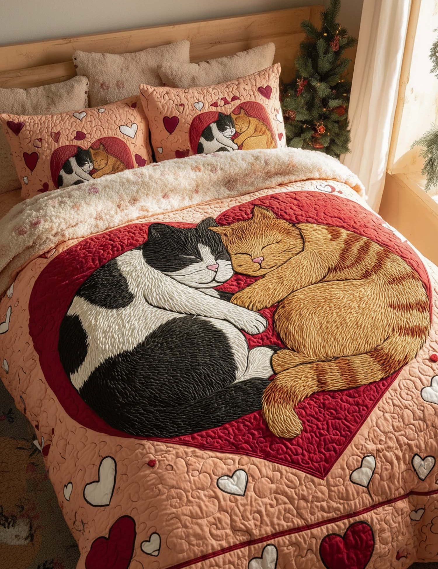 H.PAI Cat Love Valentine's Day 3- Piece Quilted Bedding Set
