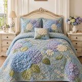 H.PAI Blue Hydrangea Floral Quilted 3-Piece Bedding Set – Luxury Quilted Bedding With Matching Pillow Shams