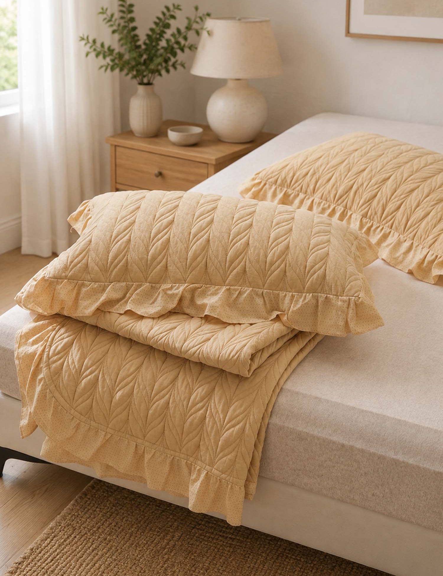 Sage Leaf Double-Layer Gauze Quilted 3-Piece Bedding Set