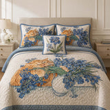 H.PAI Orange Cat Blue Blossom Quilted 3-Piece Bedding Set
