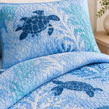 H.PAI Blue Sea Turtle Coral Reef Coastal Quilted 3-Piece Bedding Set