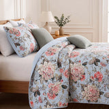 Light Blue Vintage Rose Floral Quilted 3‑Piece Bedding Set