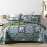 Teal Blue Floral Block Patchwork Quilted 3‑Piece Bedding Set