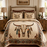 H.PAI Longhorn Skull Western Quilted 3-Piece Bedding Set – Vintage Ranch Style Quilted Bedding with Matching Pillow Shams