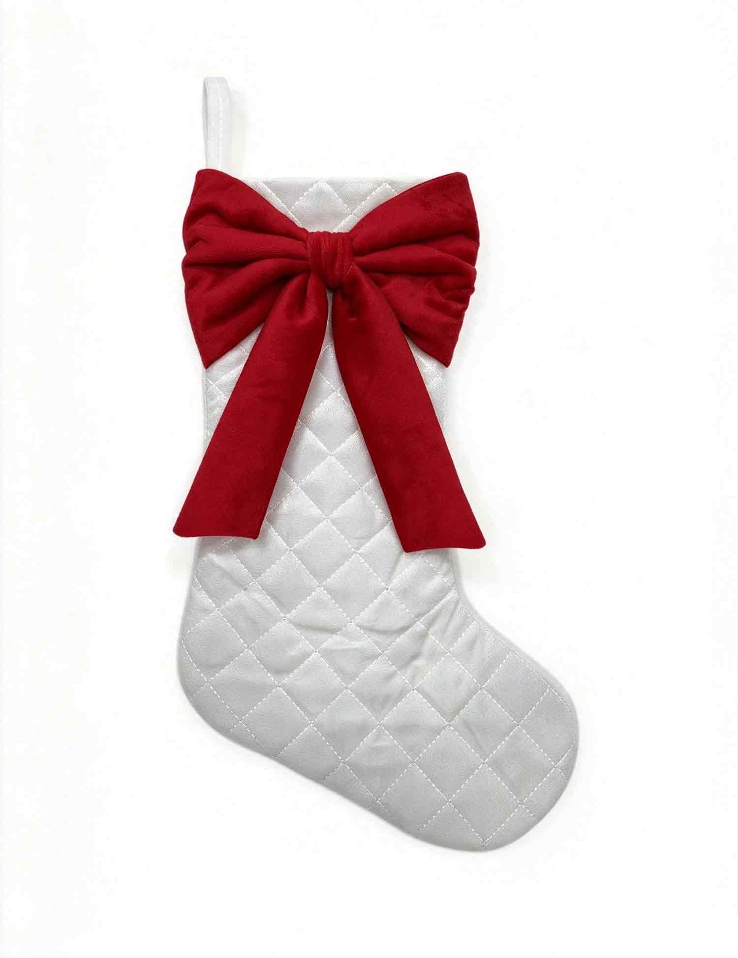 Quilted White Christmas Stocking with Red Velvet Bow