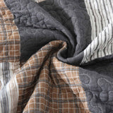 Grey Brown Plaid Patchwork Quilted 3‑Piece Bedding Set