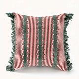 Red Green Striped Fringed Pillow Cover