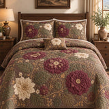 H.PAI Dark Botanical Floral Quilted 3-Piece Bedding Set