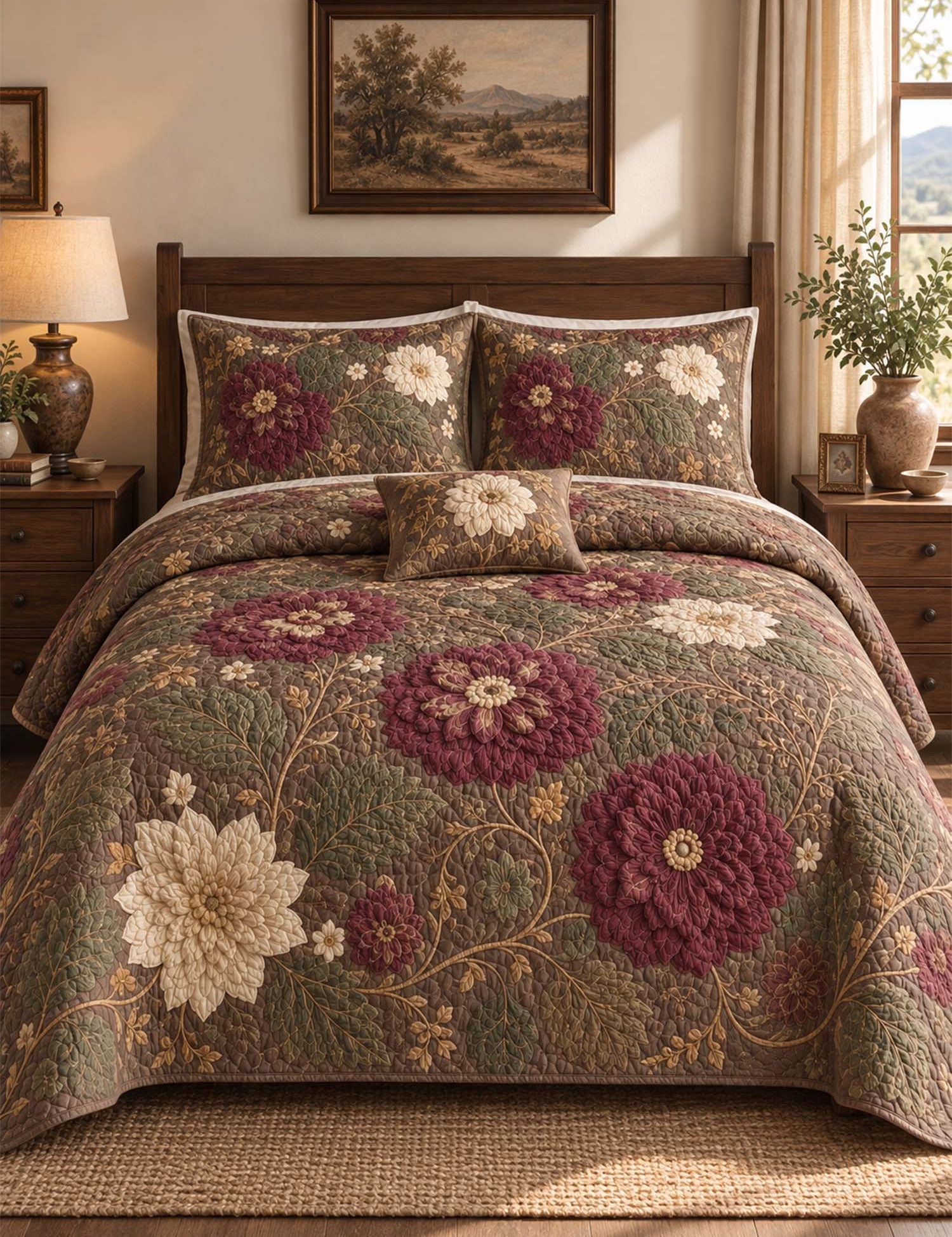 H.PAI Dark Botanical Floral Quilted 3-Piece Bedding Set