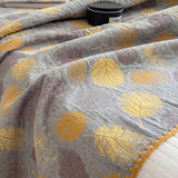 Vintage Golden Yellow Gray Autumn Leaf Jacquard Quilted Throw Three‑Layer Gauze Cotton Blanket