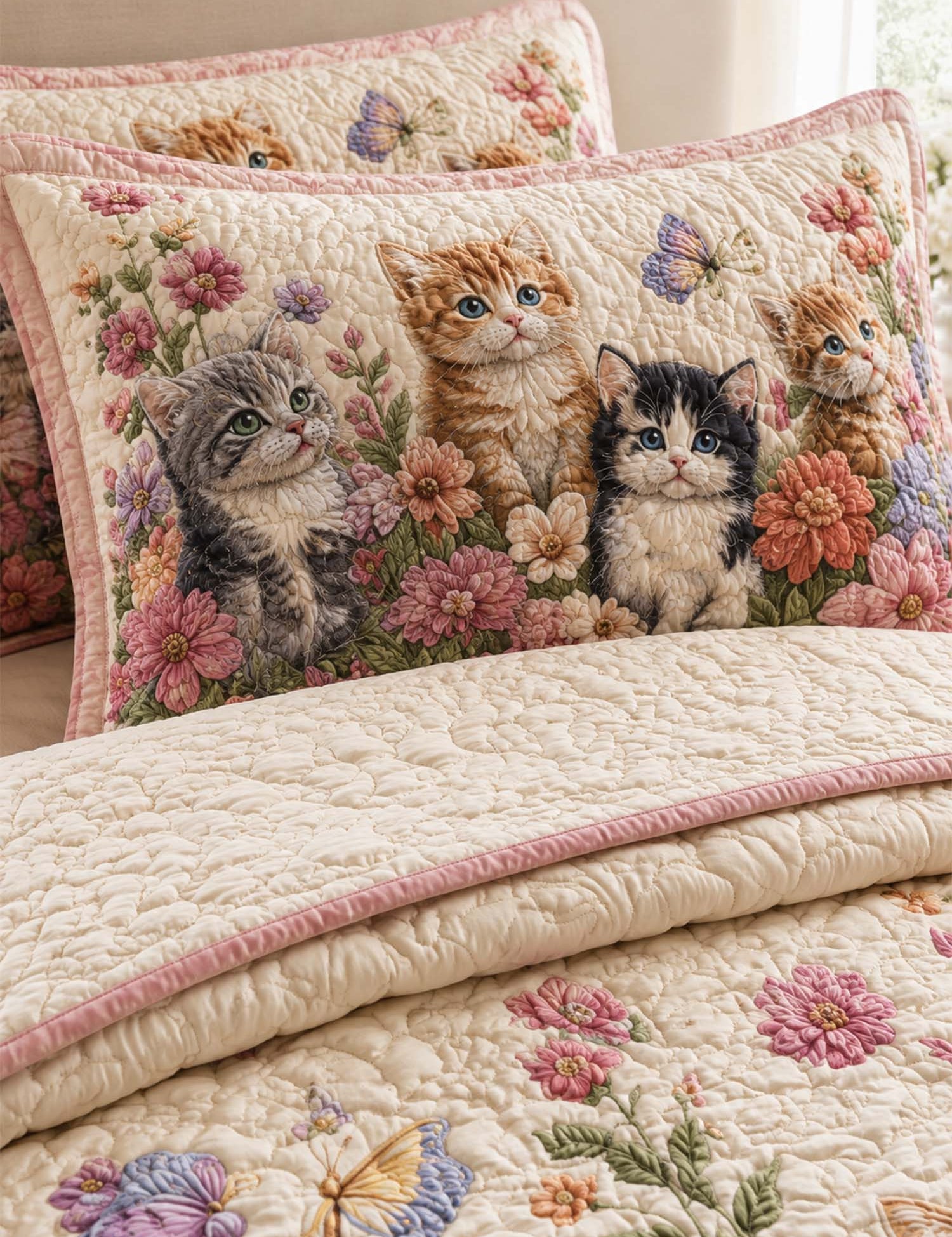 H.PAI Garden Cat Floral Quilted 3-Piece Bedding Set