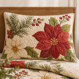 Poinsettia Botanical Christmas Quilted 3-Piece Bedding Set
