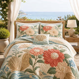 H.PAI Coastal Floral Quilted 3-Piece Bedding Set – Luxury Quilted Bedding with Matching Pillow Shams