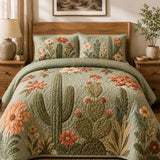H.PAI Cactus Garden Floral Quilted 3-Piece Bedding Set – Vintage Desert Style Quilted Bedding with Matching Pillow Shams