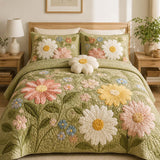 H.PAI Daisy Floral Quilted 3-Piece Bedding Set – Luxury Quilted Bedding with Matching Pillow Shams