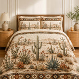 H.PAI Desert Cactus Quilted 3-Piece Bedding Set – Natural Farmhouse Quilted Bedding with Matching Pillow Shams