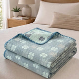Vintage Blue Floral Jacquard Quilted Throw Three‑Layer Gauze Cotton Blanket