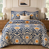 H.PAI Navy Sunburst Botanical Quilted 3-Piece Bedding Set