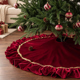 Burgundy Velvet Ruffled Christmas Tree Skirt with Gold Trim