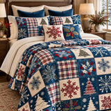 Navy Snowflake Pine Tree Plaid Patchwork Quilted 3-Piece Bedding Set