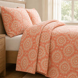 H.PAI Coral Sunburst Pattern Quilted 3-Piece Bedding Set