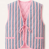 Pink Blue Stripe - Reversible Vintage Patchwork Quilted Vest Tie-Front Waistcoat