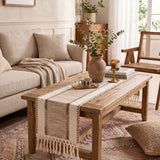 Boho Cotton-Linen Colorblock Knotted Openwork Fringe Table Runner