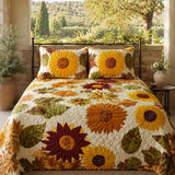 H.PAI Sunflower Floral Quilted 3-Piece Bedding Set – Luxury Quilted Bedding With Matching Pillow Shams